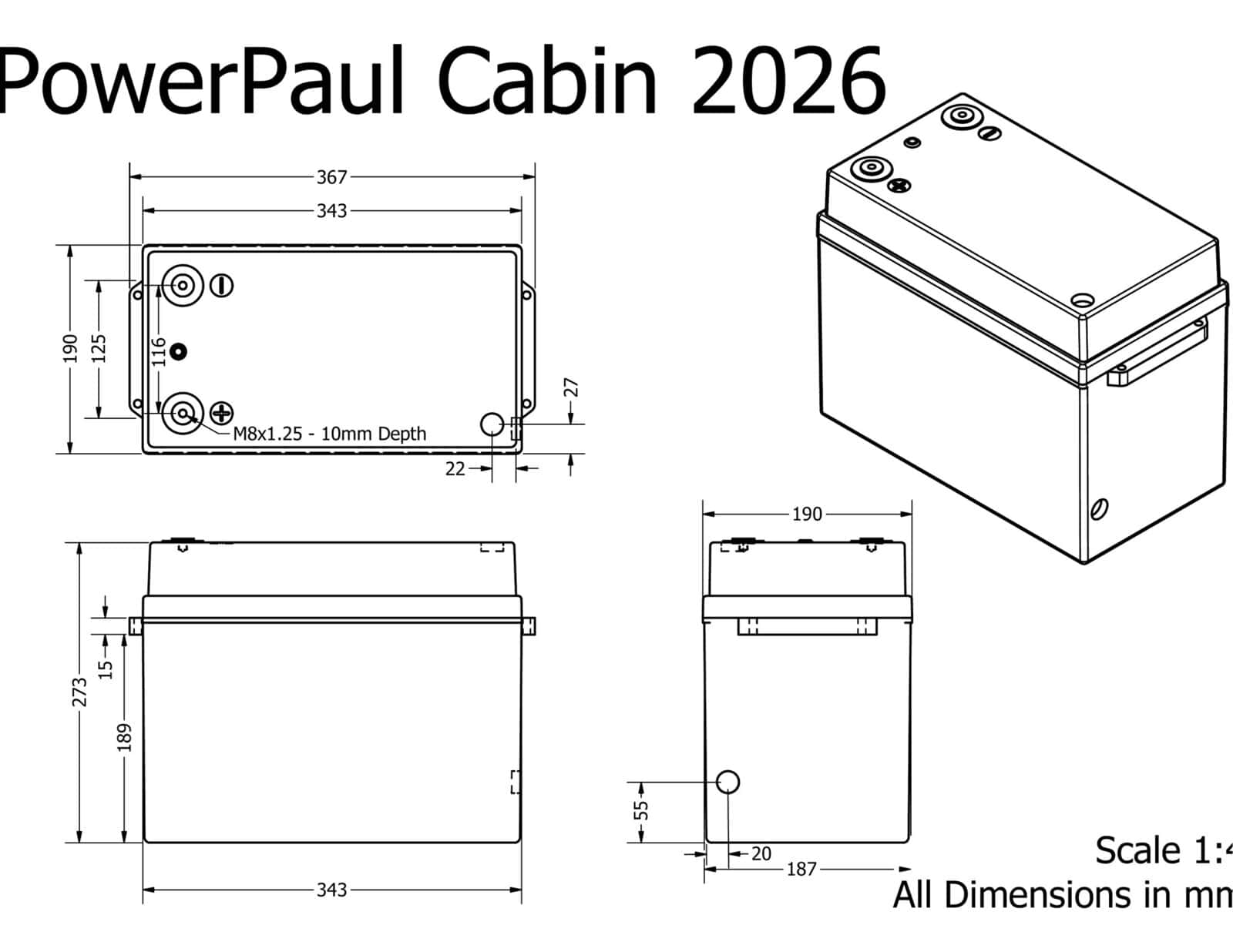 PowerPaul Cabin 2026 163Ah lithium battery technical drawing showing 367 x 190 x 273mm dimensions